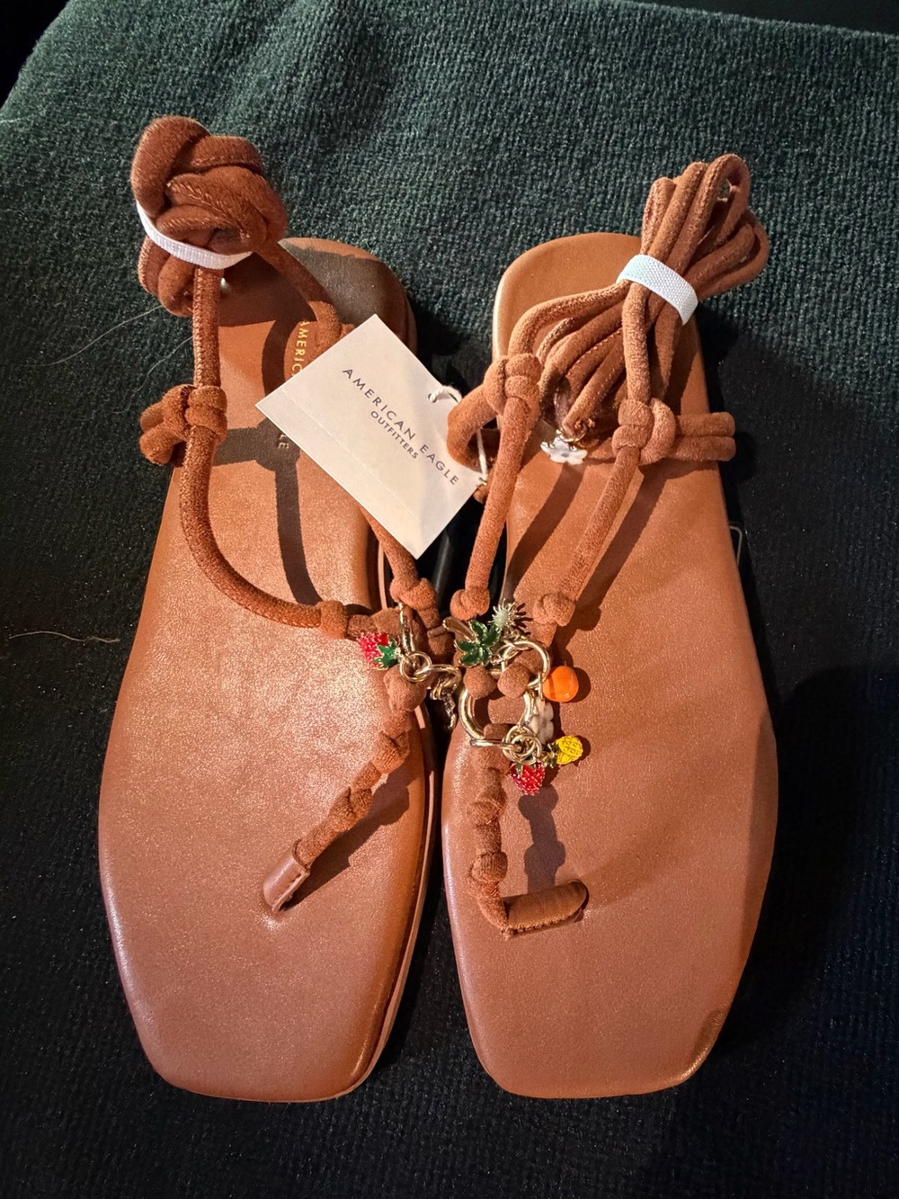 American Eagle Outfitters Tan Brown Suede Knot Strap Sandals with Charms